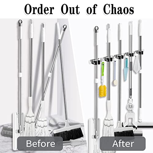 AceMining 5 Racks and 4 Hooks Mop and Broom Holder Wall Mount, Broom Organizer Storage Tool Racks Stainless Steel Heavy Duty Hooks Self Adhesive Solid Non-Slip for Home Kitchen Garden Laundry Garage