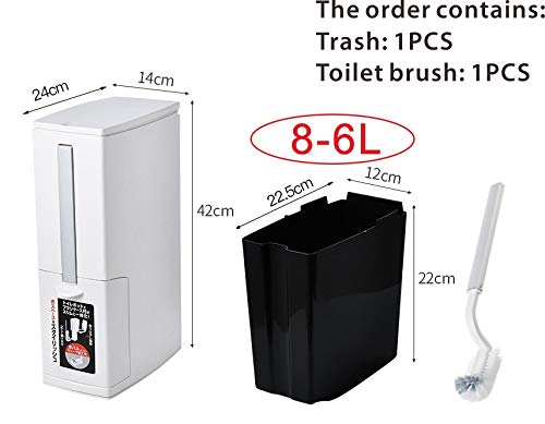 Cq acrylic Slim Plastic Trash Can 1.6 Gallon,Trash can with Toilet Brush Holder,6 Liter Garbage Can with Press Top Lid,White Rectangular Modern Waste Can for Bathroom