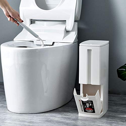 Cq acrylic Slim Plastic Trash Can 1.6 Gallon,Trash can with Toilet Brush Holder,6 Liter Garbage Can with Press Top Lid,White Rectangular Modern Waste Can for Bathroom