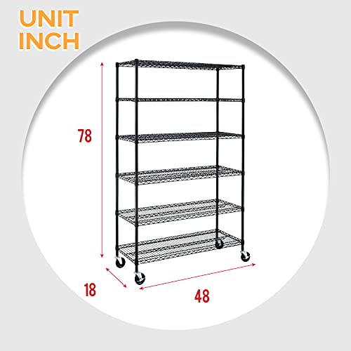 BestOffice NSF Wire Shelving Unit 6-Shelf Large Storage Shelves Heavy Duty Metal Wire Rack Shelving Height Adjustable Commercial Grade Utility Steel Storage Rack Casters 6000LB Capacity-18x48x72,Black
