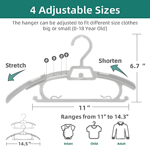 BESSLEE 24 Pack Adjustable Baby Clothes Hangers for Closet, Stackable Heavy Duty Plastic Hanger for Infant Newborn Toddler Kid, Expandable for Pants Shirts Coats Jackets, 11”-14” Neutral White