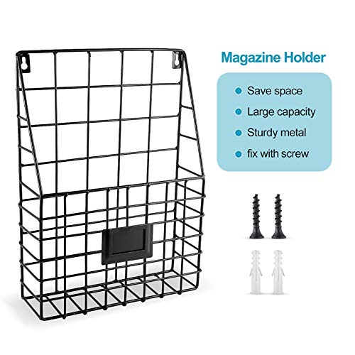 WantuSee Metal Wire Wall Mounted Magazine Holder, Wall Hanging Organizer holder for Files, Newspapers, Magazines with Tag Slot for Office, Home Organization, Black