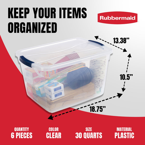 Rubbermaid Cleverstore 30 Quart Latching Stackable Plastic Storage Bins Tote Container with Lid for Work and Home Organization, Clear (6 Pack)