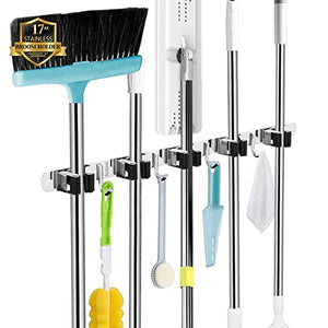 AceMining 5 Racks and 4 Hooks Mop and Broom Holder Wall Mount, Broom Organizer Storage Tool Racks Stainless Steel Heavy Duty Hooks Self Adhesive Solid Non-Slip for Home Kitchen Garden Laundry Garage