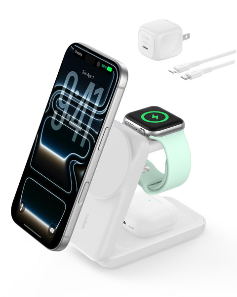 Belkin MagSafe Charger Compatible, 3-in-1 Charging Station, Qi2.2 25W Magnetic Wireless Charger Dock, Foldable Charging Stand for iPhone 17/16/15, Apple Watch, AirPods, Pixel 10 (45W Adapter Included)