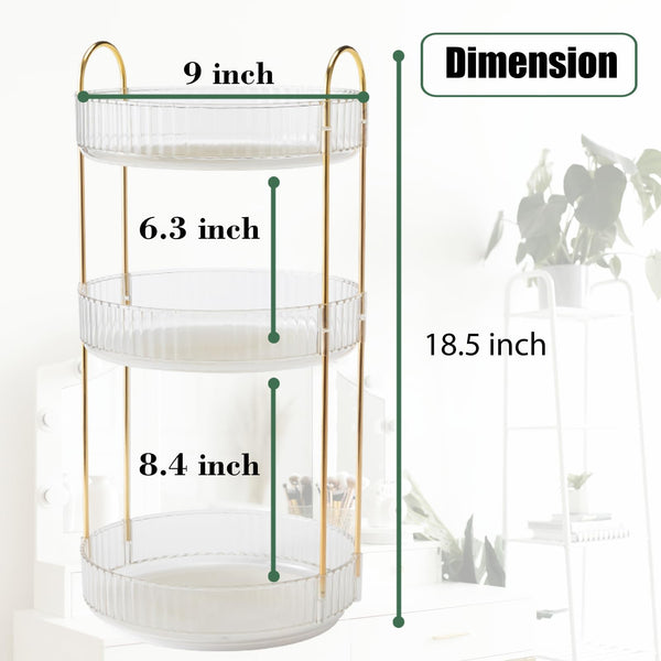 Zufudo Rotating Makeup Organizer Countertop 3 Tier Lazy Susan Trays Clear Skincare Perfume Storage for Bathroom Counter Vanity, Transparent