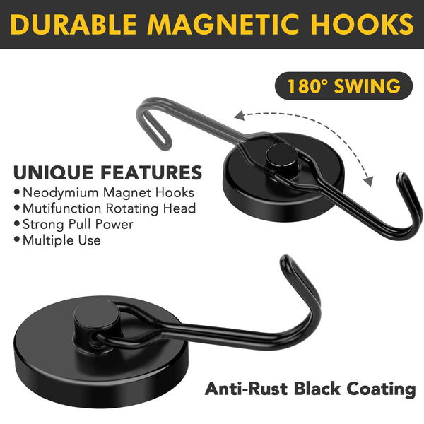 MIKEDE Black Magnetic Hooks Heavy Duty, 120LB Swivel Swing Strong Magnetic Hooks Cruise,Neodymium Hook Magnets for Hanging, Home, Workplace, Metal Door, Office and Garage - Pack of 4