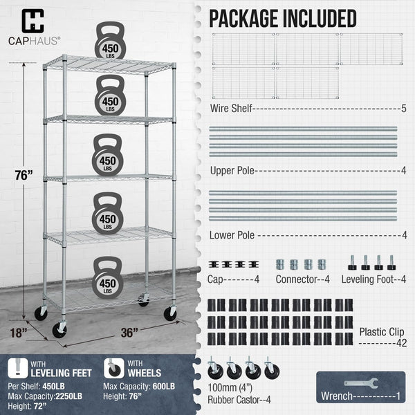 CAPHAUS Heavy Duty NSF Commercial Adjustable Wire Shelving With Wheels & Feet, Kitchen Metal Shelf, Garage Storage Unit, Utility Rack, Silver Grey 36 x 18, 5-Tier