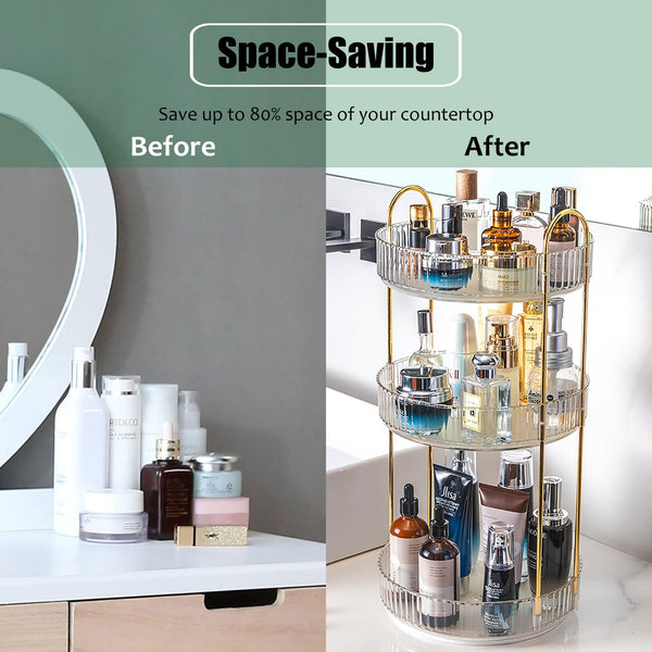 Zufudo Rotating Makeup Organizer Countertop 3 Tier Lazy Susan Trays Clear Skincare Perfume Storage for Bathroom Counter Vanity, Transparent