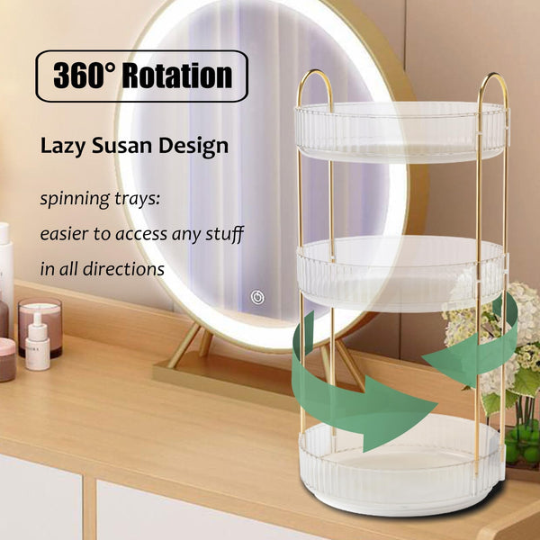 Zufudo Rotating Makeup Organizer Countertop 3 Tier Lazy Susan Trays Clear Skincare Perfume Storage for Bathroom Counter Vanity, Transparent