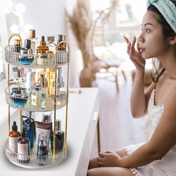 Zufudo Rotating Makeup Organizer Countertop 3 Tier Lazy Susan Trays Clear Skincare Perfume Storage for Bathroom Counter Vanity, Transparent
