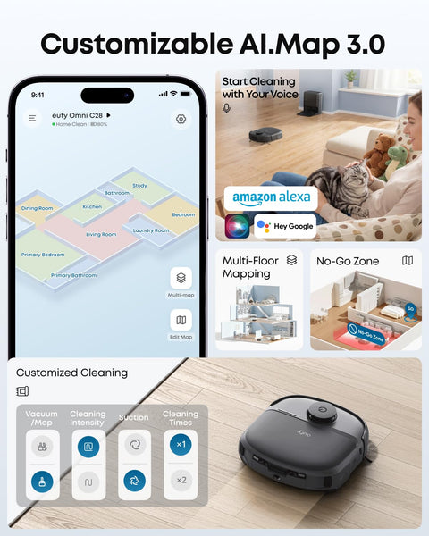 eufy C28 Robot Vacuum and Mop for Pet Hair, 15,000 Pa Suction, HydroJet™ Self-Cleaning Roller Mop with 540RPM, Zero-Tangle Design, Auto Mop Washing&Drying, Self-Emptying&Refilling