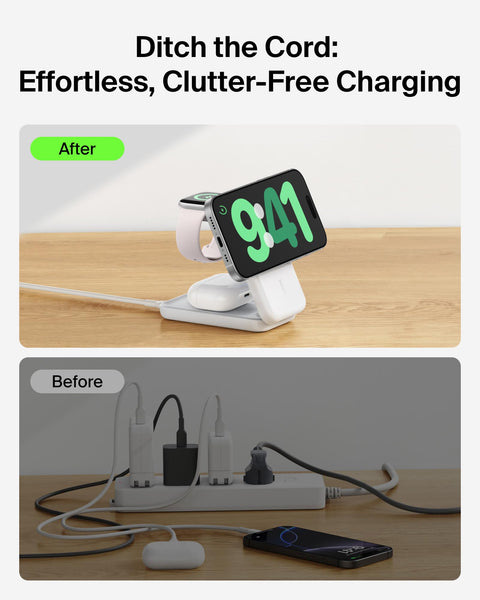 Belkin MagSafe Charger Compatible, 3-in-1 Charging Station, Qi2.2 25W Magnetic Wireless Charger Dock, Foldable Charging Stand for iPhone 17/16/15, Apple Watch, AirPods, Pixel 10 (45W Adapter Included)