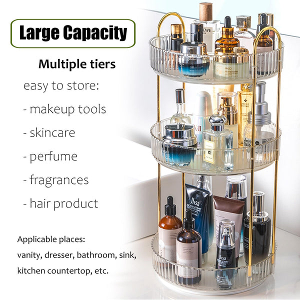Zufudo Rotating Makeup Organizer Countertop 3 Tier Lazy Susan Trays Clear Skincare Perfume Storage for Bathroom Counter Vanity, Transparent