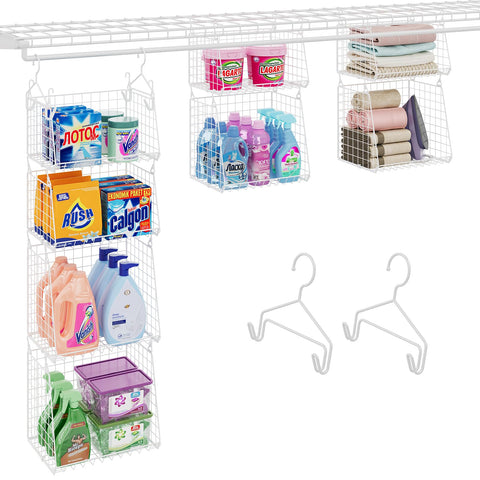 4-Tier Hanging Laundry Room Organizer: Foldable Wire Shelf Basket with 2 Large Hooks 1.65" & 360°Rotating Hooks – Space-Saving Laundry Storage Basket, for Wardrobe Closet Storage, White Patent