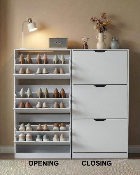 NBBOTBOT Shoe Cabinet, Narrow Freestanding Shoe Organizer for Hallway or Living Room (White, 3-Drawers)