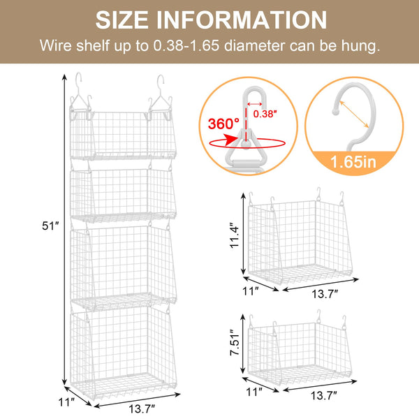 4-Tier Hanging Laundry Room Organizer: Foldable Wire Shelf Basket with 2 Large Hooks 1.65" & 360°Rotating Hooks – Space-Saving Laundry Storage Basket, for Wardrobe Closet Storage, White Patent