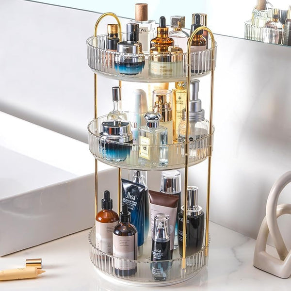 Zufudo Rotating Makeup Organizer Countertop 3 Tier Lazy Susan Trays Clear Skincare Perfume Storage for Bathroom Counter Vanity, Transparent
