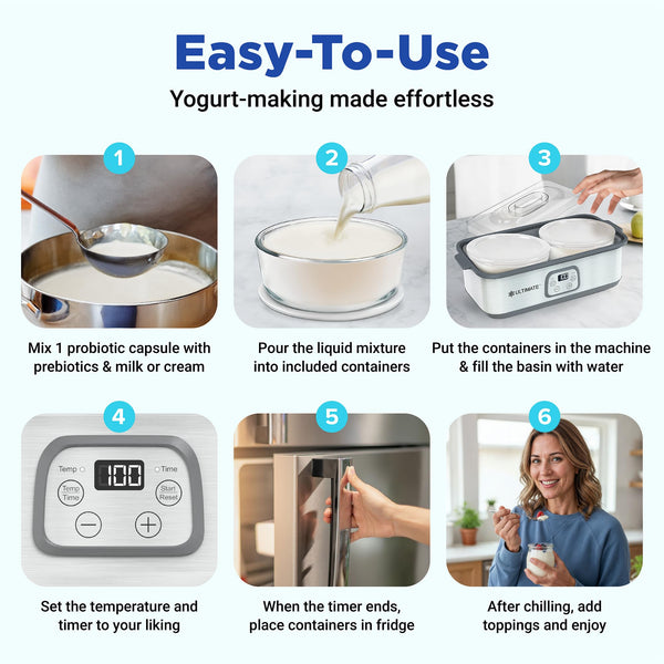 Ultimate Probiotic Yogurt Maker with Adjustable Time & Temp Control - Make Trillions of Live Probiotics with Two 1-Quart Containers for Larger Batches - Greek Yogurt Maker - ULTIMATE LIFETIME WARRANTY