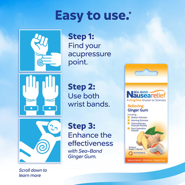 Sea-Band Anti-Nausea Acupressure Wristband for Motion & Morning Sickness, 1 Pair, Gray