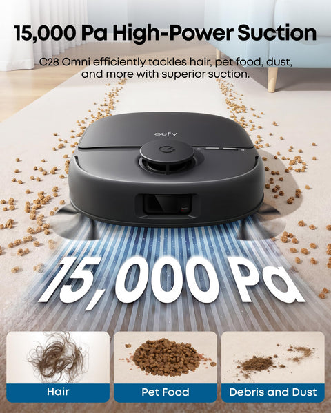 eufy C28 Robot Vacuum and Mop for Pet Hair, 15,000 Pa Suction, HydroJet™ Self-Cleaning Roller Mop with 540RPM, Zero-Tangle Design, Auto Mop Washing&Drying, Self-Emptying&Refilling