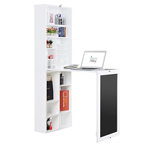 Utopia Alley Collapsible Fold Down Desk Table/Wall Cabinet with Chalkboard and Bottom Shelf, White