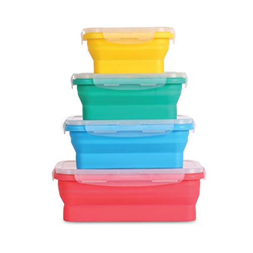 Collapsible silicone food storage containers w/BPA free airtight plastic lids-Set of 4 small and large meal cereal prep container bowl kitchen pantry organization, kids lunch boxes-Microwave & freezer