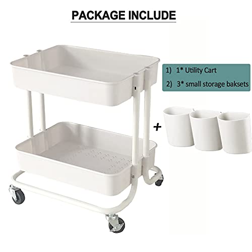 2-Tier Utility Rolling Cart Storage Sofa Side Table with Wheels, Mobile Trolley Organizer with for Office Home Kitchen Organization, Cream White