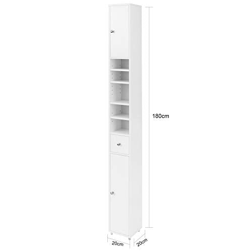 Haotian BZR34-W, White Bathroom Tall Cabinet with 1 Drawer, 2 Doors and Adjustable Shelves, Bathroom Shelf, 7.87 x 7.87 x 70.87 Bathroom Tall Cabinet Cupboard