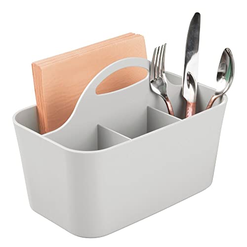 mDesign Plastic Cutlery Storage Organizer Caddy Bin - Tote with Handle - Kitchen Cabinet or Pantry - Basket Organizer for Forks, Knives, Spoons, Napkins - Indoor or Outdoor Use - Light Gray