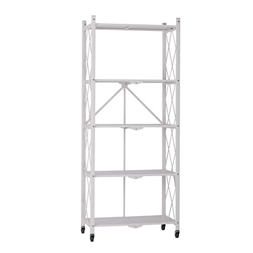Storage Shelves 5-Tier Foldable, Rack Shelf with Microwave Oven Stand, Metal Shelves with Wheels, Garage Shelving Free of Installation for Kitchen, Living Room, Bedroom Organizer, Bakers Closet, White