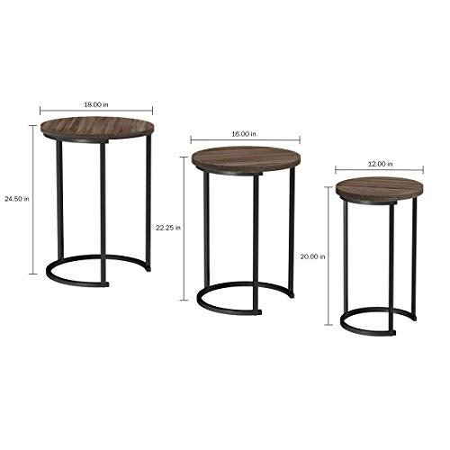 Lavish Home Round Nesting Set of 3, Modern Woodgrain Look with Black Base for Living Room Coffee Tables or Nightstands-Accent Home Furniture , Brown