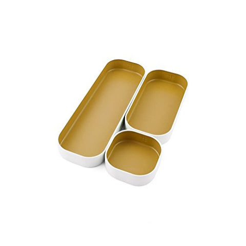 Three by Three Seattle 3 Piece Shallow Metal Organizer Tray Set for Storing Makeup, Stationery, Utensils, and More in Office Desk, Kitchen and Bathroom Drawers (1 Inch, Gold and White)