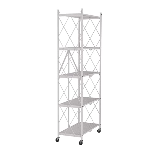 Storage Shelves 5-Tier Foldable, Rack Shelf with Microwave Oven Stand, Metal Shelves with Wheels, Garage Shelving Free of Installation for Kitchen, Living Room, Bedroom Organizer, Bakers Closet, White