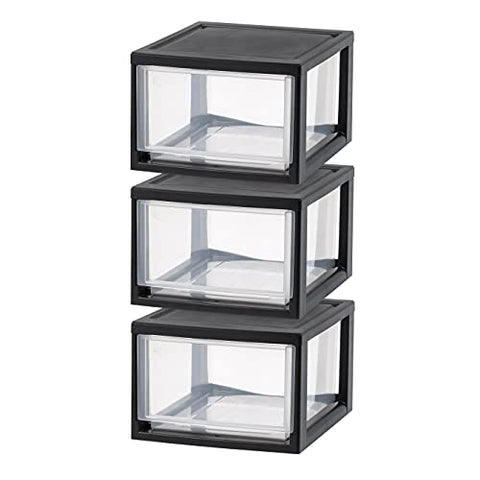 IRIS USA 14.5 Quart Stackable Storage Drawer, Plastic Drawer Organizer with Clear Doors for Pantry, Closet, Desk, Kitchen, Under-Sink, Home and Office De-Clutter, Shoes and Crafts - Black, 3 Pack