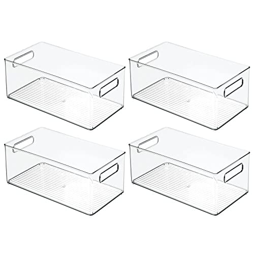 mDesign Deep Plastic Kitchen Storage Organizer Container Bin for Pantry, Cabinet, Cupboard, Shelves, Fridge, or Freezer - Holds Dry Goods, Sauces, Condiments, Bottled Drinks, or Snacks, 4 Pack, Clear
