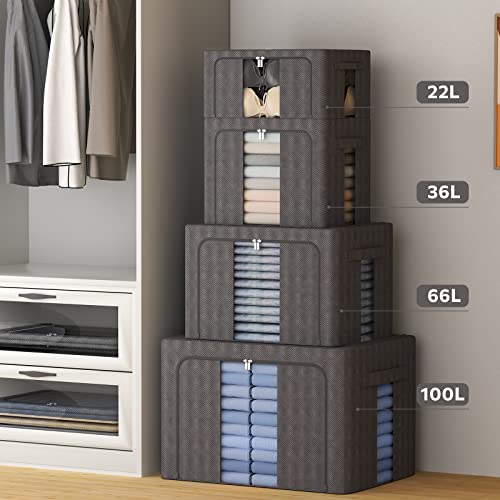 3 Pack Clothes Storage Bins - Stackable Metal Frame Storage Box Foldable Oxford Fabric Clothes Container Organizer with Clear Window & Carry Handles (Medium-36L, Dark Gray)