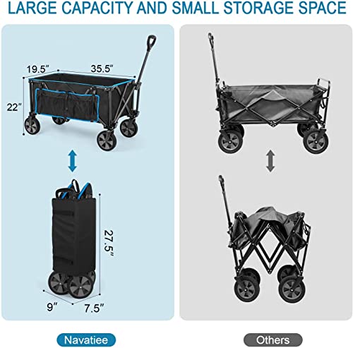 Navatiee Collapsible Folding Wagon, Heavy Duty Utility Beach Wagon Cart with Removable Wheels, Large Capacity Foldable Grocery Wagon for Garden Outdoor Use, S1