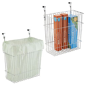 mDesign Metal Wire Hanging Over Door Kitchen Storage Organizer Basket/Trash Can - Hangs Over Cabinet Doors - For Bags, Tin Foil, Wax Paper, Saran Wrap - Solid Steel - 2 Pack - Chrome