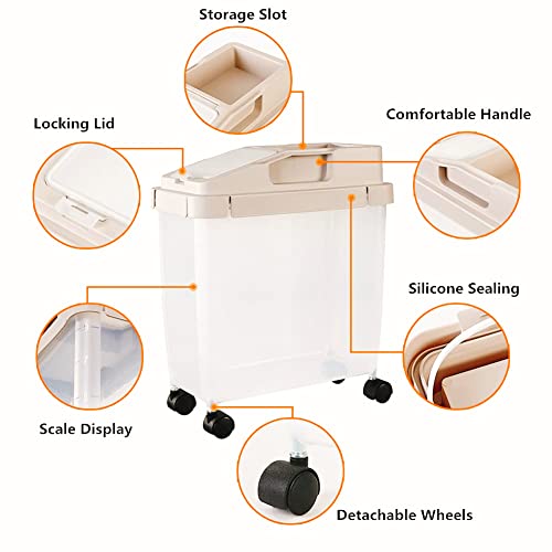 20Lb Airtight Rice Storage Container with Wheels, Dry Food Cereal Flour Storage Bin Sealed 12Lb Cat Dog Pet Food Tank Organizer Coffee (brown)