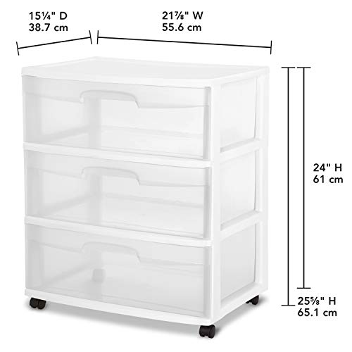 Sterilite 29308001 Wide 3 Drawer Cart, White Frame with Clear Drawers and Black Casters, 1-Pack
