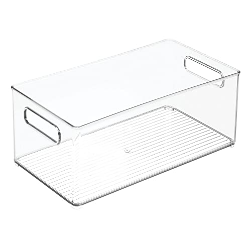 mDesign Deep Plastic Kitchen Storage Organizer Container Bin for Pantry, Cabinet, Cupboard, Shelves, Fridge, or Freezer - Holds Dry Goods, Sauces, Condiments, Bottled Drinks, or Snacks, 4 Pack, Clear