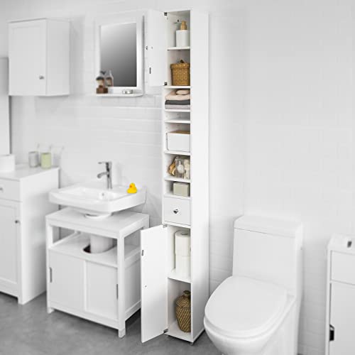 Haotian BZR34-W, White Bathroom Tall Cabinet with 1 Drawer, 2 Doors and Adjustable Shelves, Bathroom Shelf, 7.87 x 7.87 x 70.87 Bathroom Tall Cabinet Cupboard