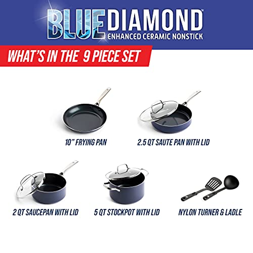 Blue Diamond Cookware Diamond Infused Ceramic Nonstick 9 Piece Cookware Pots and Pans Set, PFAS-Free, Dishwasher Safe, Oven Safe, Blue