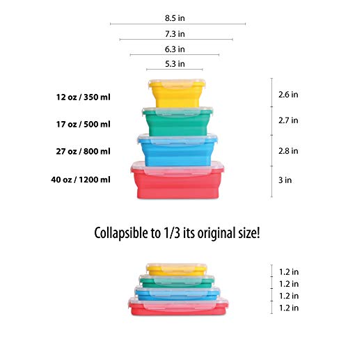 Collapsible silicone food storage containers w/BPA free airtight plastic lids-Set of 4 small and large meal cereal prep container bowl kitchen pantry organization, kids lunch boxes-Microwave & freezer