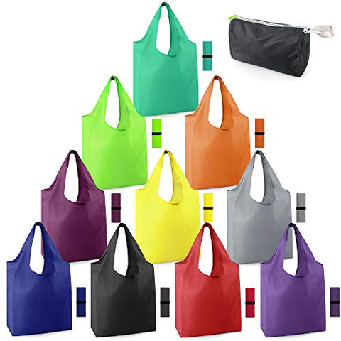 BeeGreen Reusable-Grocery-Bags-Foldable-Machine-Washable-Reusable-Shopping-Bags-Bulk Colorful 10 Pack 50LBS Extra Large Folding Reusable Bags Totes w Zipper Storage Bag Sturdy Lightweight Polyester Fabric