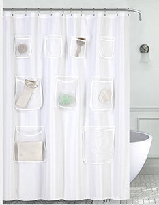 Water-Repellent Fabric Shower Curtain or Liner with 9 Handy Mesh Pockets, Premium Thick Cloth & Opaque, Washable, 71 x 72 inches, Rust Proof Grommets, White