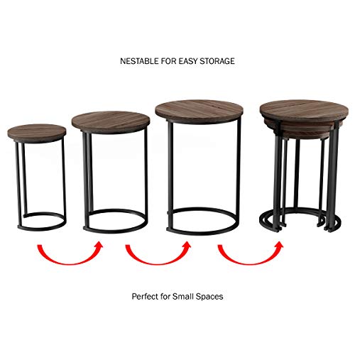 Lavish Home Round Nesting Set of 3, Modern Woodgrain Look with Black Base for Living Room Coffee Tables or Nightstands-Accent Home Furniture , Brown