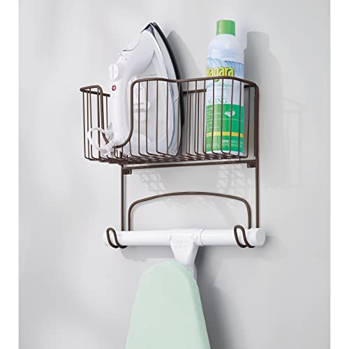 mDesign Metal Steel Wall Mount Ironing Board Organizer with Large Storage Basket for Laundry Rooms - Holds Iron, Board, Spray Bottles, Starch, Fabric Refresher, Easy Installation - Bronze