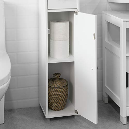 Haotian BZR34-W, White Bathroom Tall Cabinet with 1 Drawer, 2 Doors and Adjustable Shelves, Bathroom Shelf, 7.87 x 7.87 x 70.87 Bathroom Tall Cabinet Cupboard